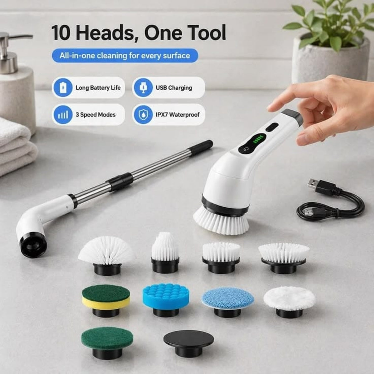 9-in-1 Multifunctional Cordless Electric Spin Scrubber with Extendable Handle